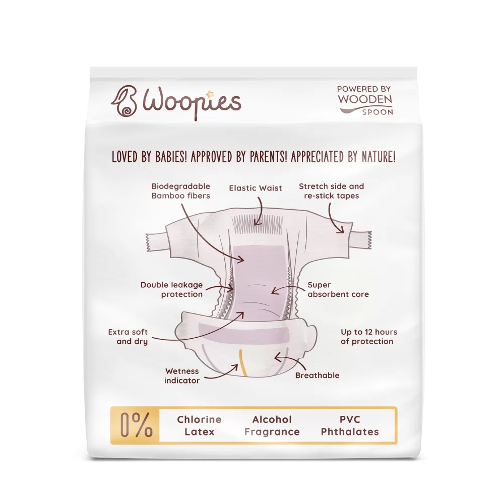 Бебешки Еко Пелени MAXI (12+Кг) - Woopies са ново поколение пелени, създадени от Wooden Spoon и вдъхновени от всички майки, които не спират да търсят екологично решение oт biobabycare.bg