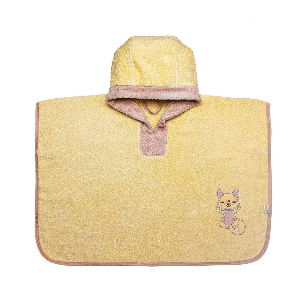 Детско Пончо От Органичен Памук, подходящо за момиче или момче е направено от мека хавлиена кърпа, обгръща комфортно и топло Вашето дете oт biobabycare.bg